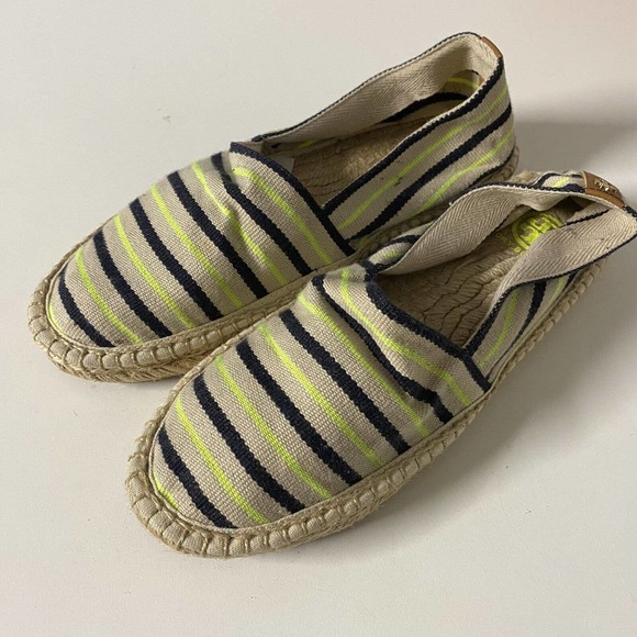 Tory Burch Multicolor Striped Canvas Espadrilles Flat Neon Green Navy 8 - Picture 5 of 7